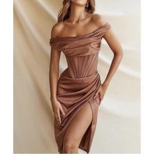 House of CB Lulu Toffee Corset One-Shoulder Satin Midi Dress - Size S